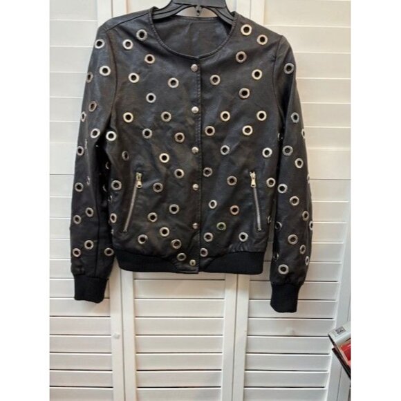 Jackets & Blazers - Black Faux Leather Jacket With Grommet Detailing & Snap Closure